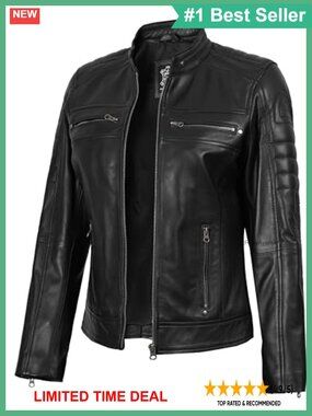 Womens Real Lambskin Leather Cafe Racer Biker Moto Jacket Stand Collar